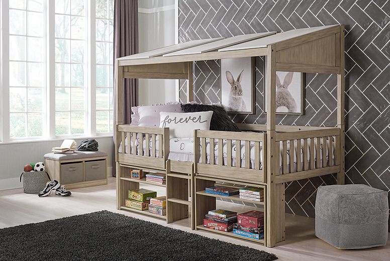 Wrenalyn Loft Bed with Under Bed Bookcase Storage Youth Two tone InspireLiving