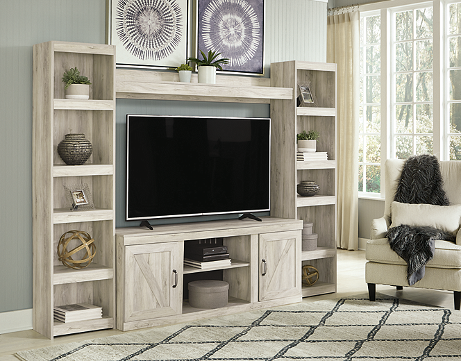 Bellaby whitewash entertainment store wall with fireplace